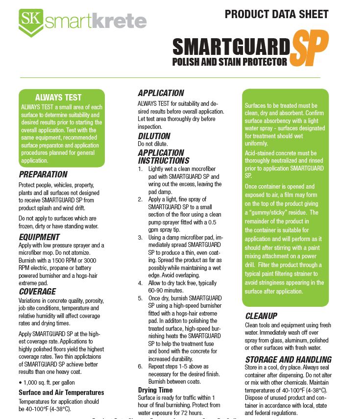 Smartguard SP Polish & Stain Proctector Application Sheet
