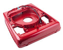 Red plastic component with circular opening and wires on a white background