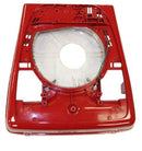 Red appliance base with a white circular component on a white background