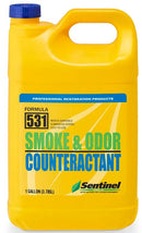 A 1 gallon yellow plastic jug of Sentinel 531 Smoke & Odor Counteractant with a blue cap, on a white background.