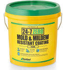 Yellow bucket with green lid labeled '24-7 Zero Mold & Mildew Resistant Coating' on a white background