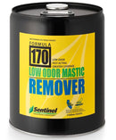 Black can of Sentinel Low Odor Mastic Remover with yellow label on a white background