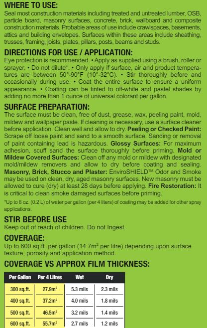 Directions for Use: Enviroshield Odor & Smoke Blocker Clear 5gal 