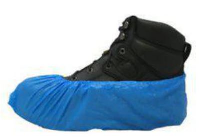 Polyproplyene Shoe Covers Blue on boot * Alan Janitorial Distributors Inc.
